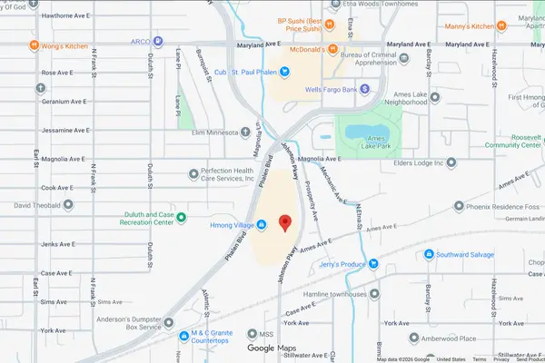 Map pinpointing Hmong Village location on Johnson Parkway